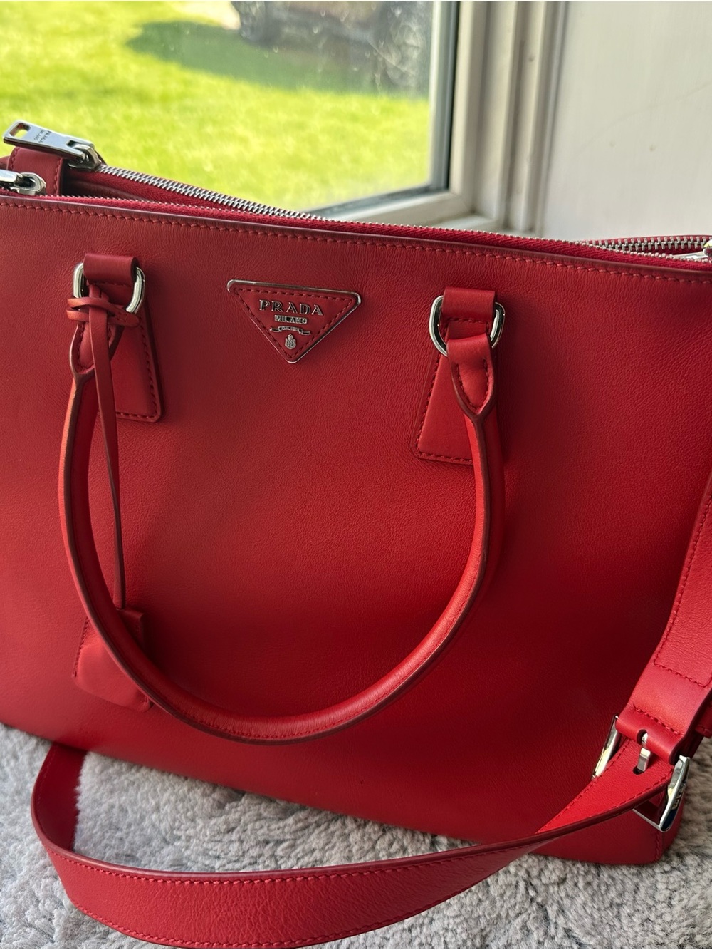 Prada Saffiano Lux Double Zip Tote | Red | Medium | Gold Hardware | Authentic